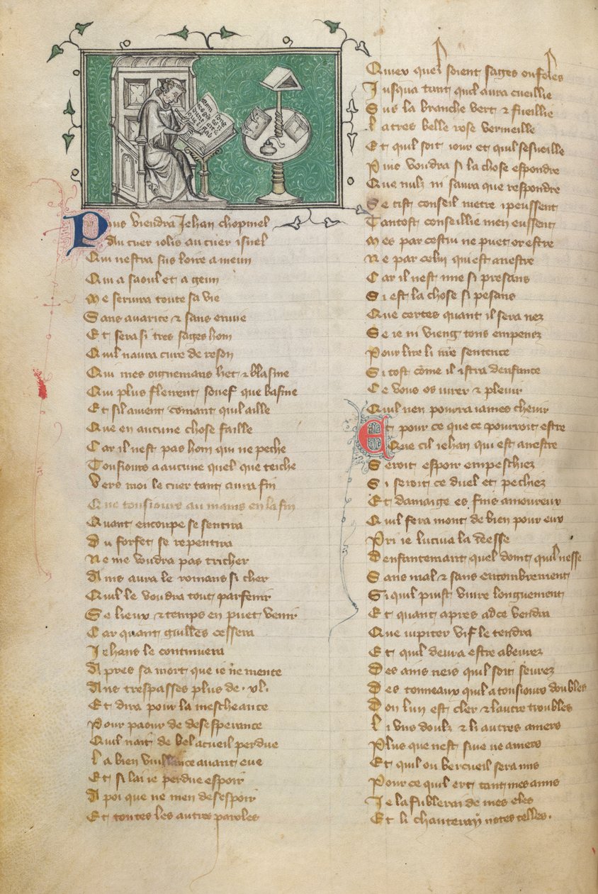 Jean de Meun escribiendo las palabras iniciales de su poema (que comienza en el f. 28), en el Roman de la Rose de Unknown artist