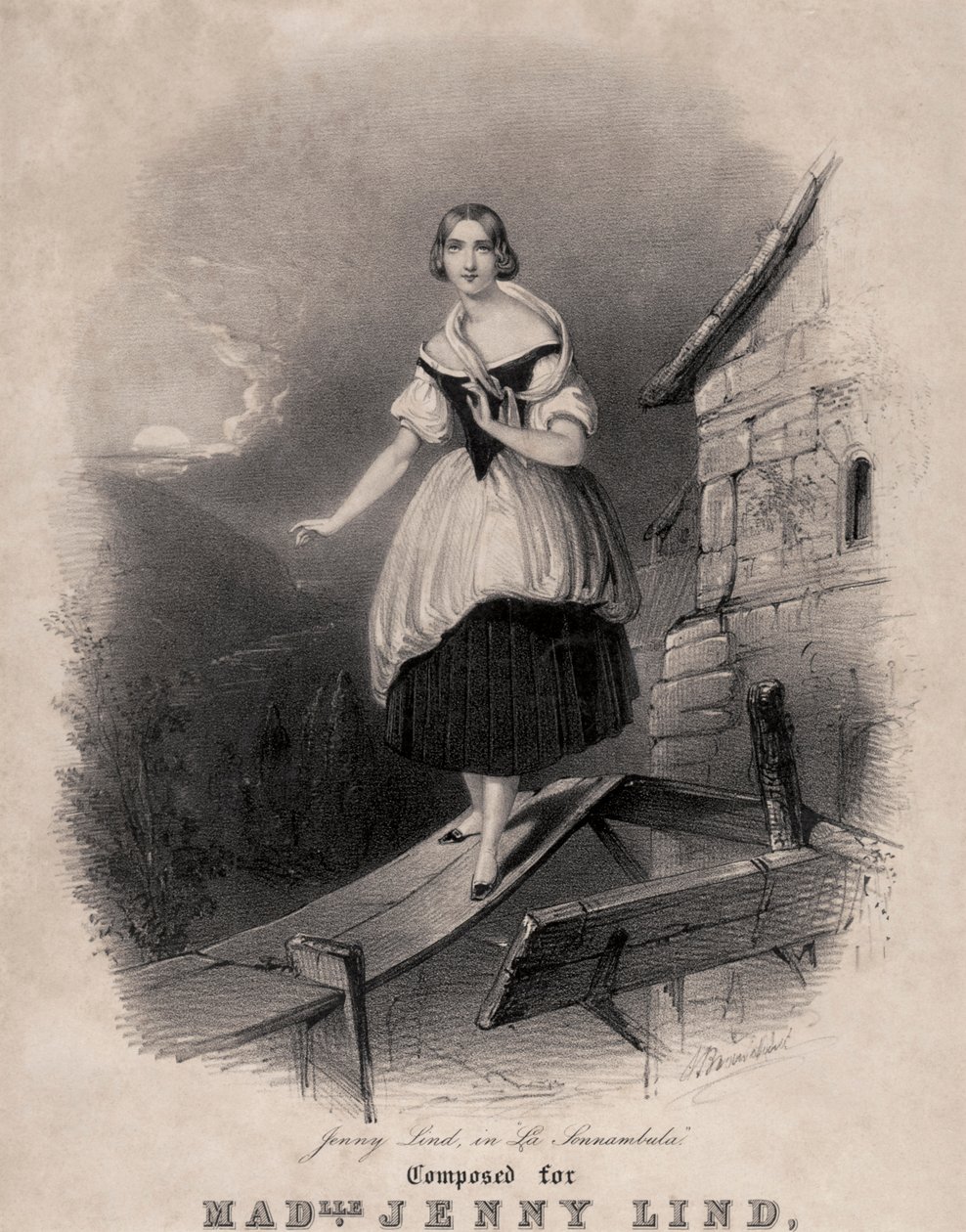 Jenny Lind, soprano sueca, en la escena del sonambulismo de La sonnambula de Bellini de Unknown