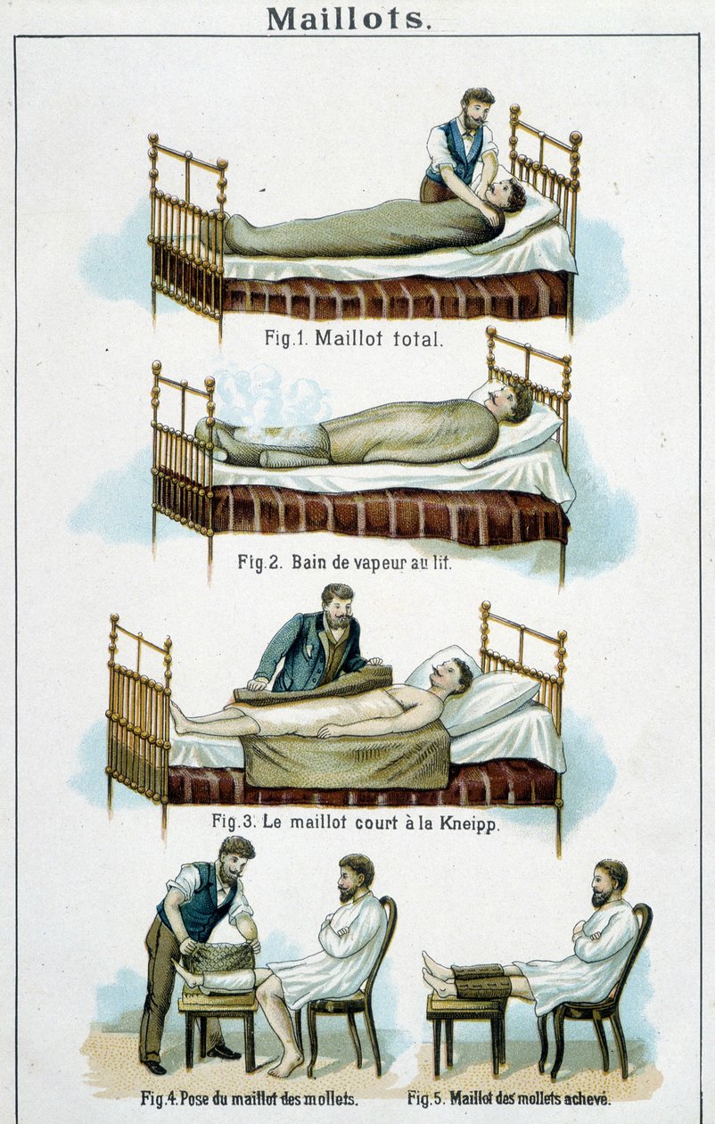 Jerseys: 1) Jersey total, 2) Baño de vapor en la cama, 3) Jersey corto de Kneipp, 4-5) Jersey de pantorrilla - en “Bilz, Medicación Natural”, finales del siglo XIX de Unknown artist