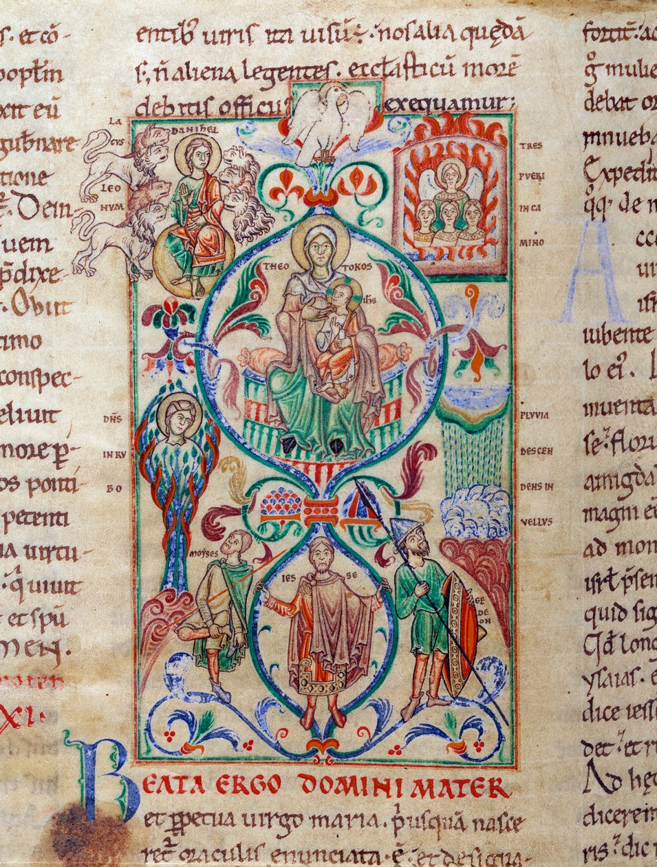 Árbol de Jesé rodea símbolos de virginidad. La Virgen es designada por el nombre bizantino de Theotokos. Miniatura tomada del "Leccionario de Citeaux" siglo XII. Dijon, Biblioteca Municipal de Unknown artist