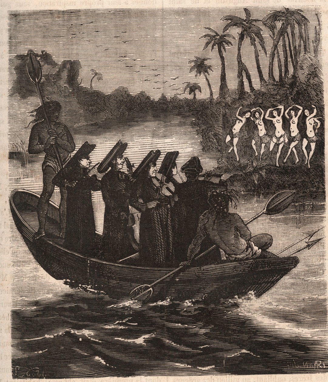 Misioneros jesuitas llegan en barco entre los indios guaraníes en Paraguay en 1553 - Grabado de 1879 en “Historia de Sociedades Secretas, Políticas y Religiosas” de Pierre Zaccone (1817-1895) de Unknown artist