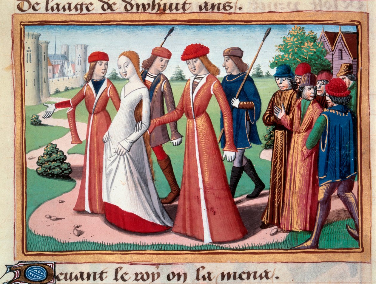 Juana de Arco (1412-1431) llevada cerca de Carlos VII por la Corte del Delfín en Chinon. Miniatura del manuscrito de “Vigilles du roi Charles VII” por Martial d