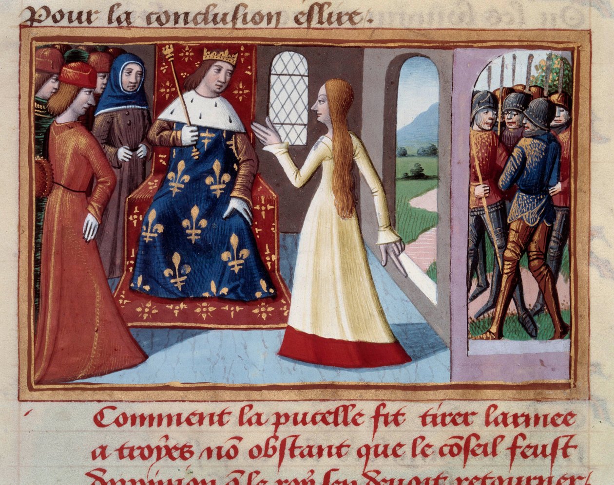 Juana de Arco (1412-1431) ante el rey Carlos VII (1422-1461). Miniatura de 