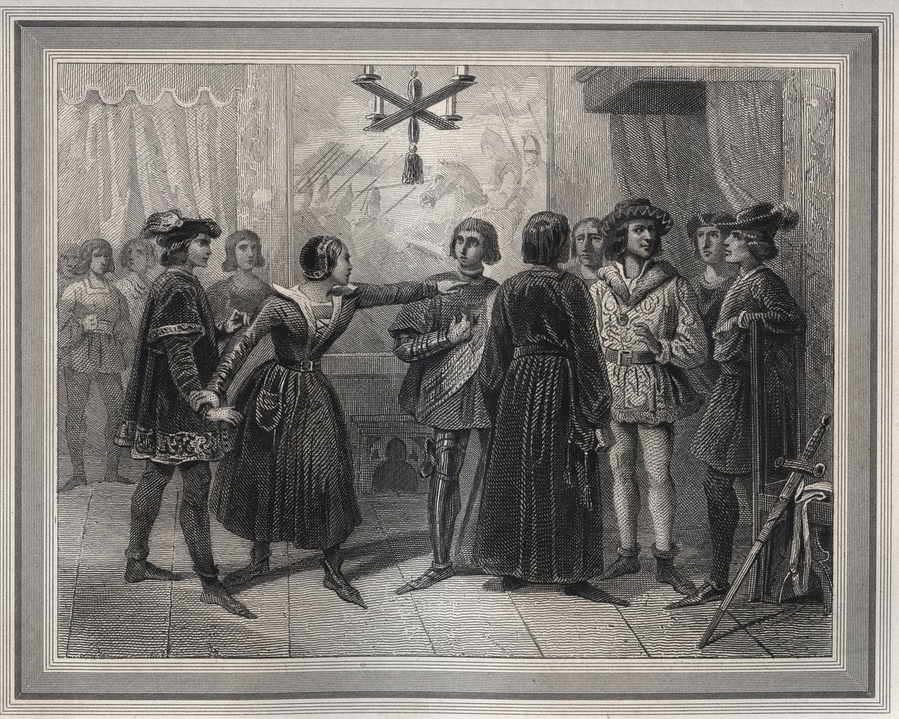 Juana de Arco, llegada a Chinon (1429) reconocida por Carlos VII (1403-1461) - Grabado en 
