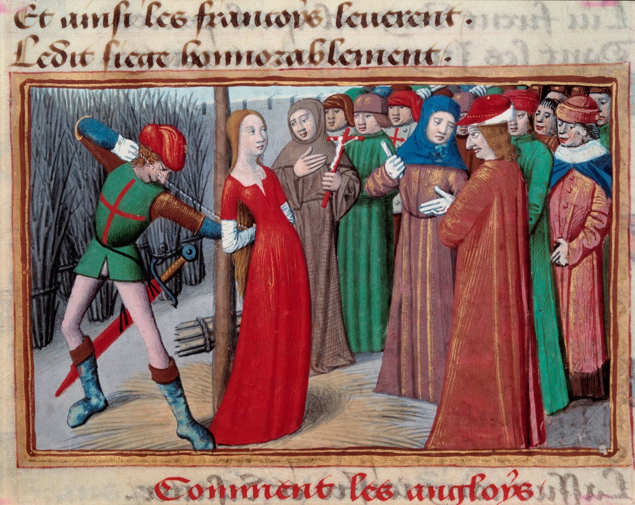Juana de Arco (1412-1431), instalada en el carnicero. Miniatura del manuscrito de "Vigiles du roi Charles VII" de Martial d