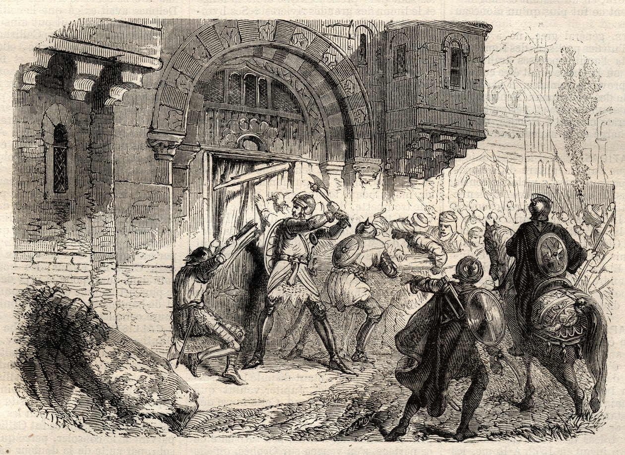 Juan II Comneno, emperador bizantino - El emperador Juan II Comneno (1087-1143) a la cabeza de los griegos conduciendo la puerta de su Palacio en Constantinopla - grabado en "Diccionario popular ilustrado" - 1864 - por Joseph Decembre y Edmond Allonier - de Unknown artist