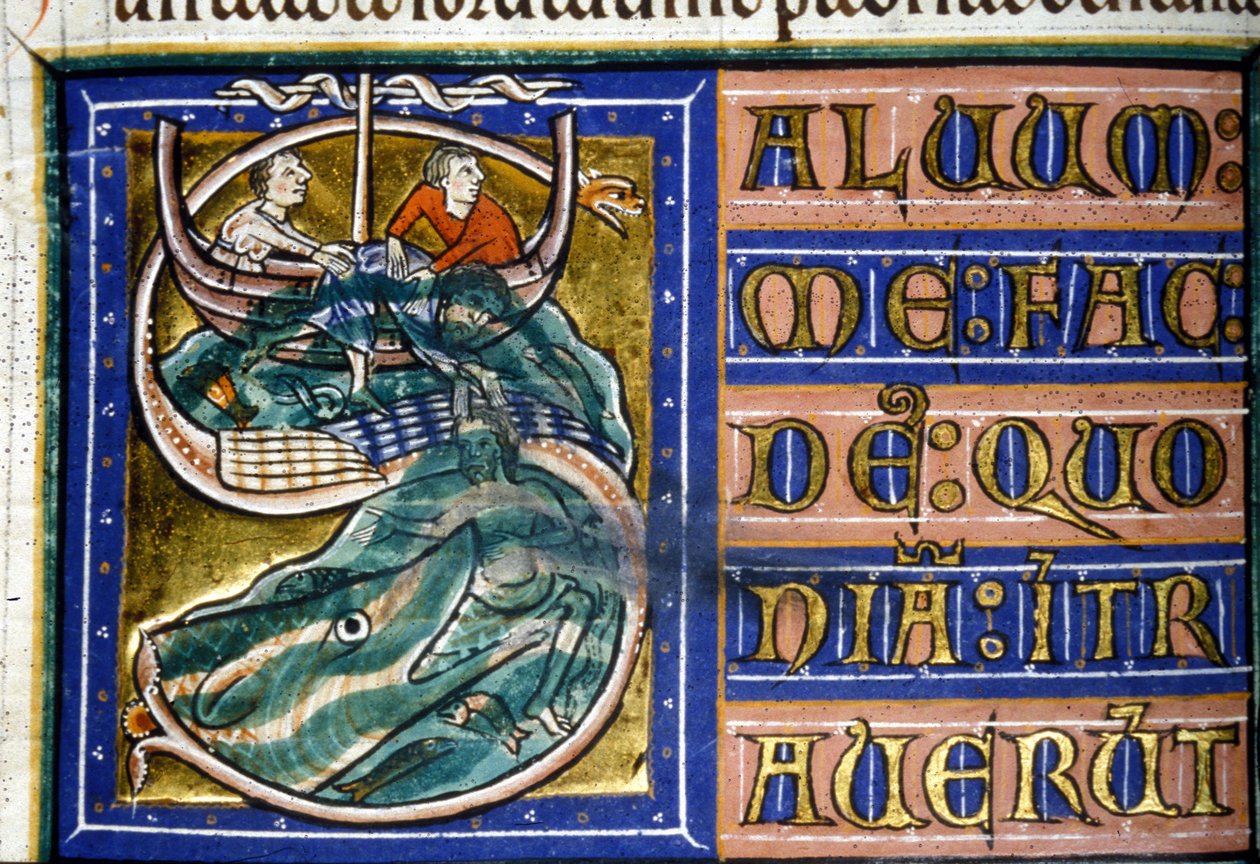 Jonás es arrojado al mar y devorado por un gran pez. Manuscrito del siglo XIV. Biblioteca Municipal de Vercelli de Unknown artist