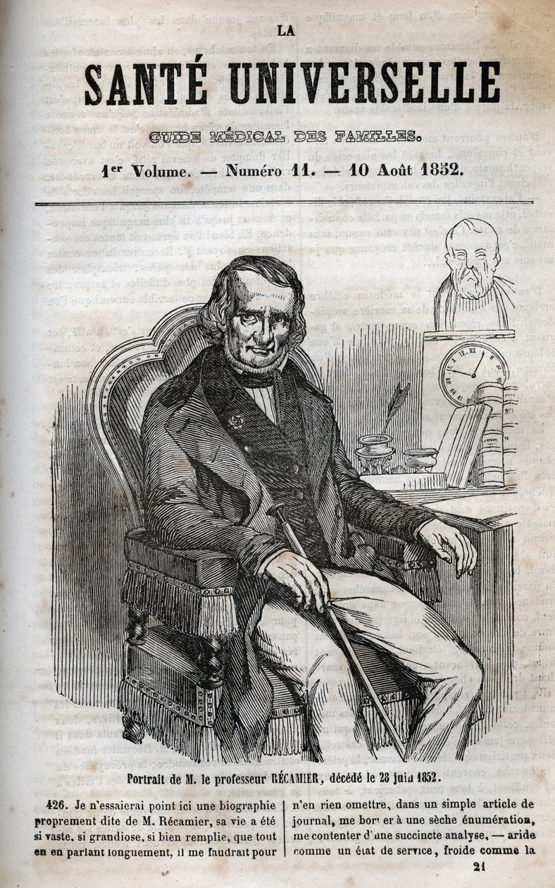 Joseph Claude Anthelme Recamier (1774-1852), cirujano francés - grabado en "La Santé Universelle - Guía Médica de las Familias" 1852 de Unknown artist