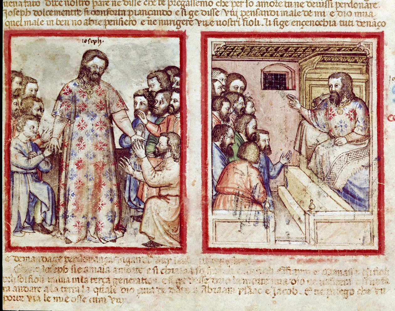 José gravemente enfermo a los 110 años perdona a sus hermanos que se postran ante él. Miniatura del códice 212 (o códice padovano o Biblia de Padua) 1390-1400 Rovigo, Accademia dei Concordi de Unknown artist