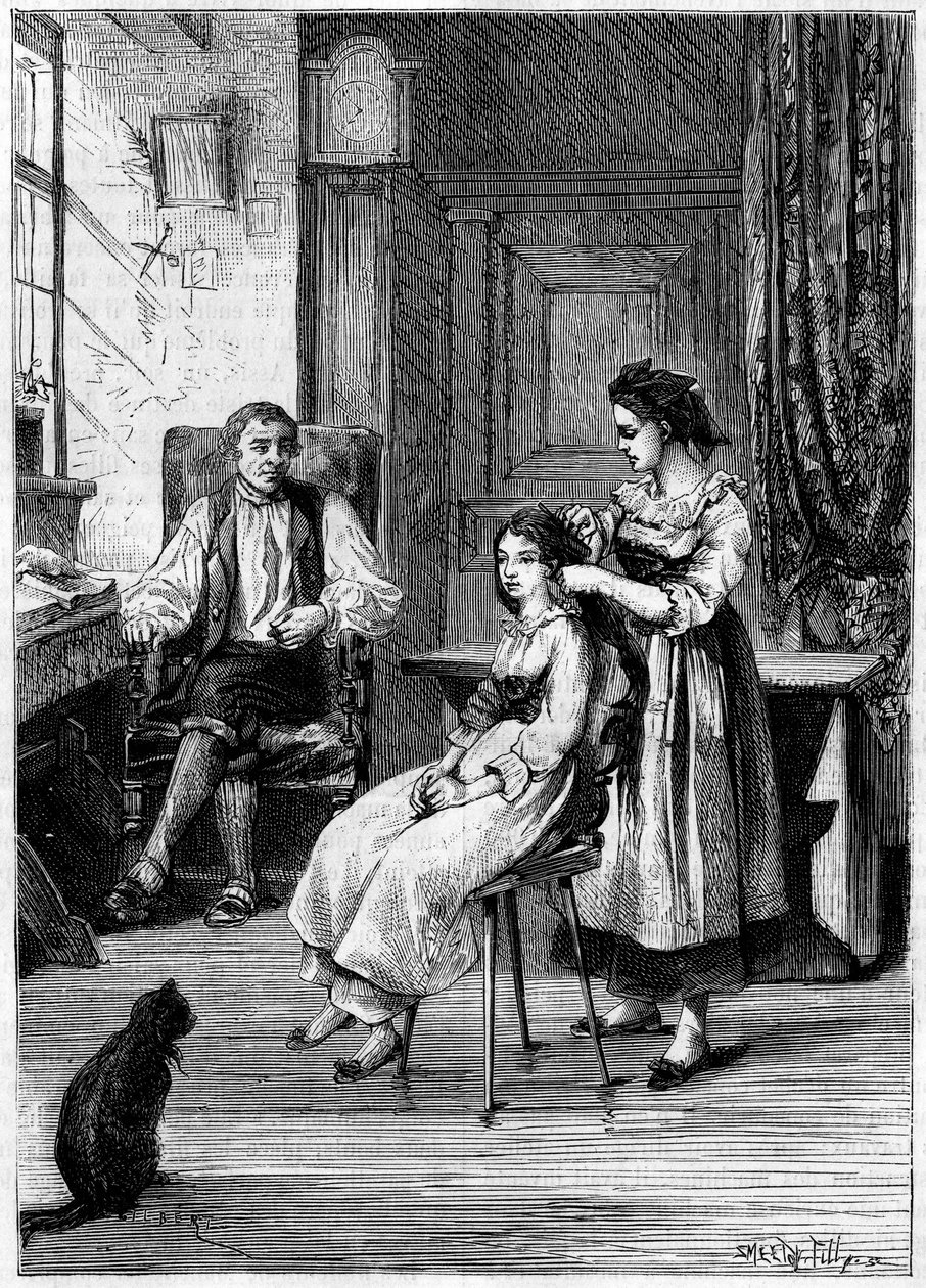 Josué Heilmann (1796-1848), inventor francés, observa a sus hijas peinarse. Se inspiró en esta escena para crear el peinador mecánico en 1843. Grabado en “La Nature: revue des sciences et de ses applications aux arts et a l
