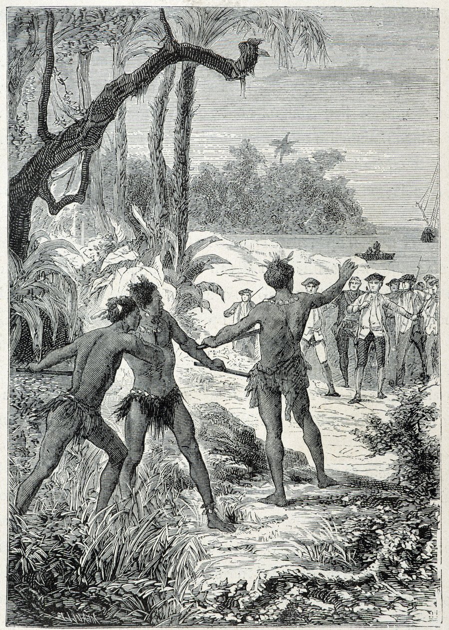Viaje del Capitán James Cook (1728-1779) a Nueva Guinea: el primer encuentro con los nativos, ilustración tomada de “Los Grandes Marineros del siglo XVIII” de Unknown artist