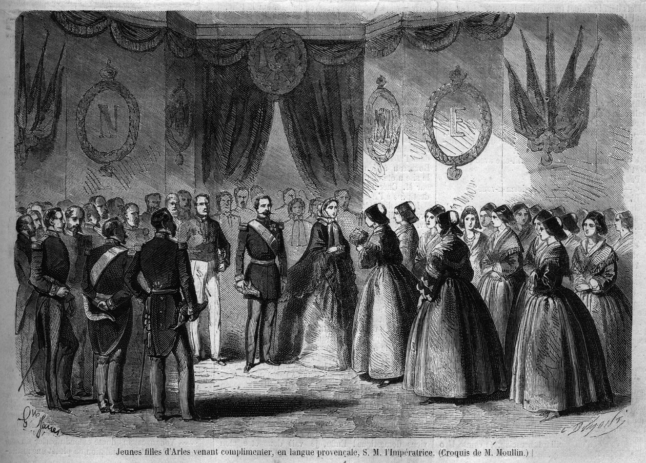 Viaje del Emperador Napoleón III (1808-1873) y su esposa Eugenia de Montijo (1826-1920) al Ducado de Saboya tras la anexión del Condado de Saboya (Tratado de Turín de marzo): aquí la pareja imperial visitando Arles se encuentra con jóvenes de la región. En de Unknown artist