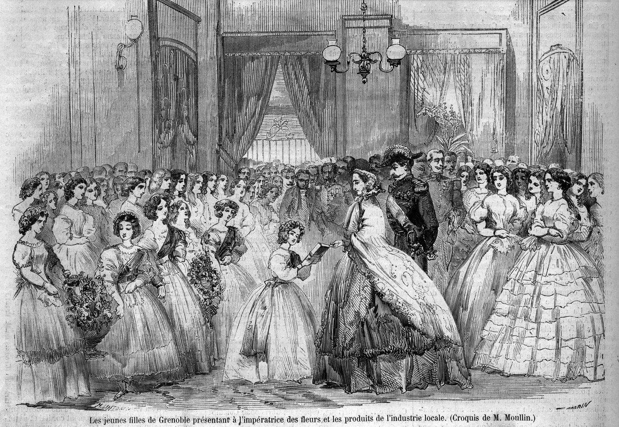 Viaje del Emperador Napoleón III (1808-1873) y su esposa Eugenia de Montijo (1826-1920) al Duque de Saboya tras la anexión del Condado de Saboya (Tratado de Turín de marzo): aquí la pareja imperial visitando Grenoble se encuentra con jóvenes que vinieron a de Unknown artist