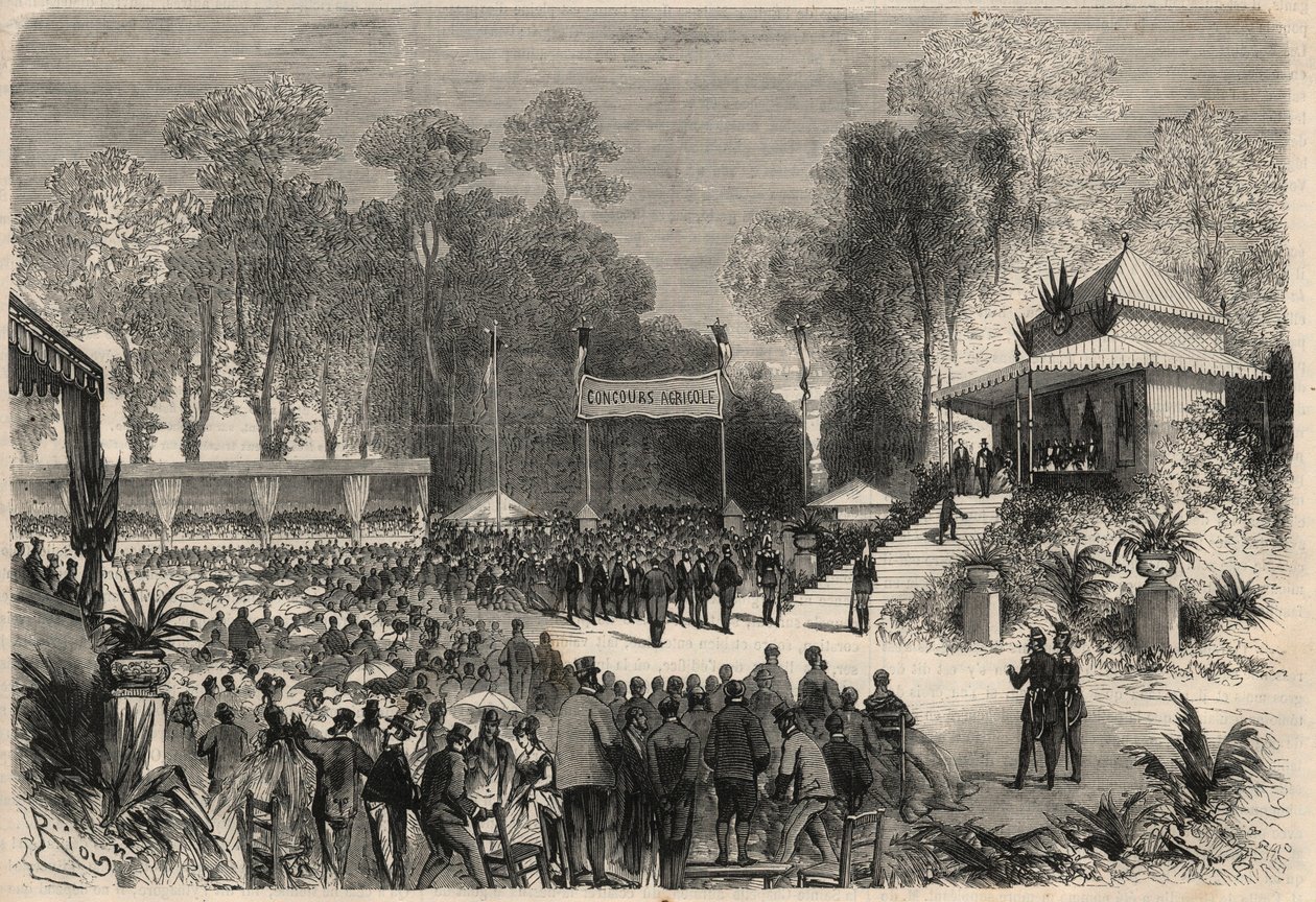 Viaje de Napoleón III (1808-1883) y la emperatriz Eugenia de Montijo (1826-1920) a Ruan: distribución de premios en el concurso agrícola. Grabado en "El Universo Ilustre". de Unknown artist