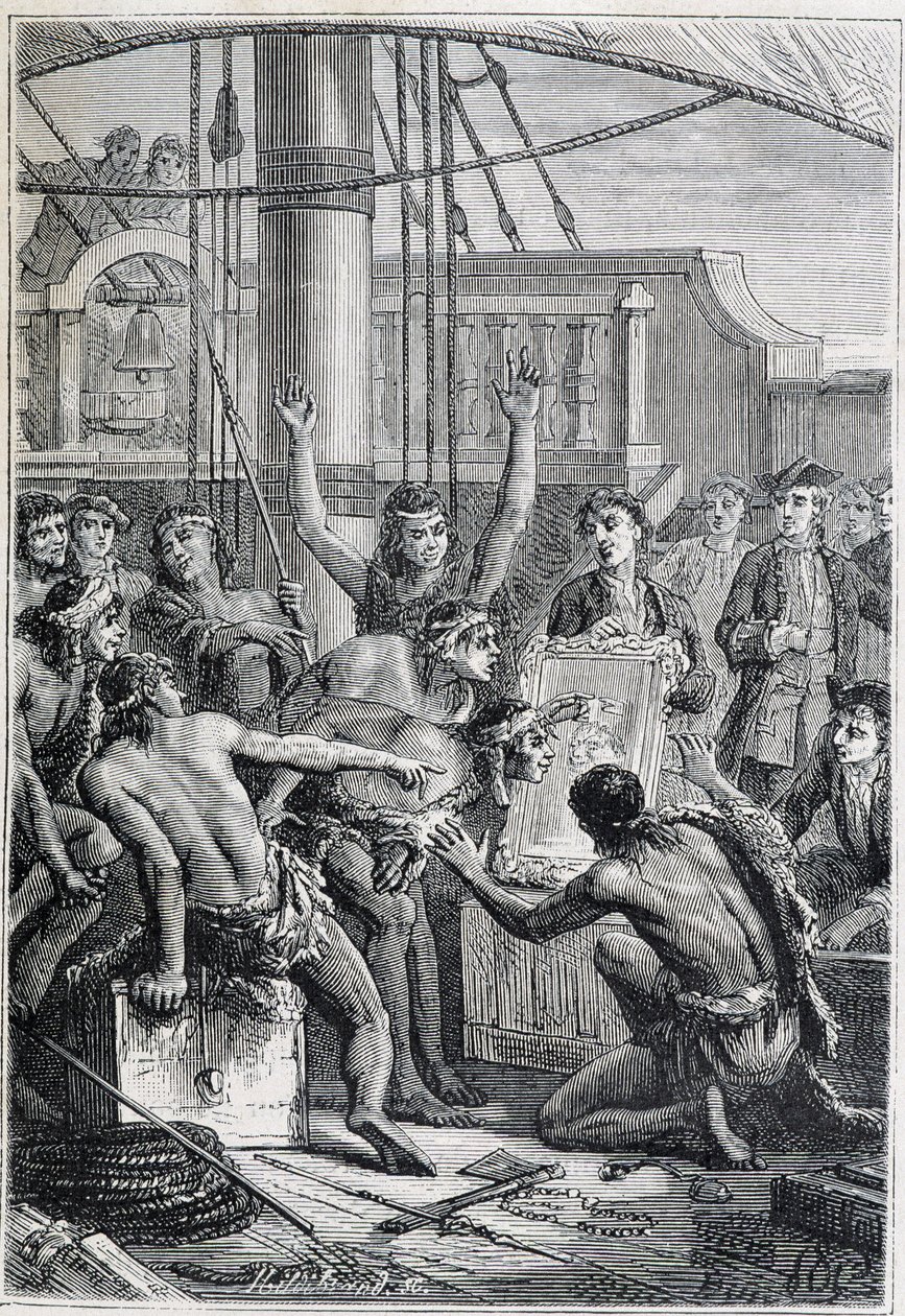 Viaje de Samuel Wallis (1728-1795) a Polinesia: indígenas asombrados por un espejo - ilustración tomada de “Los grandes marineros del siglo XVIII” de Unknown artist