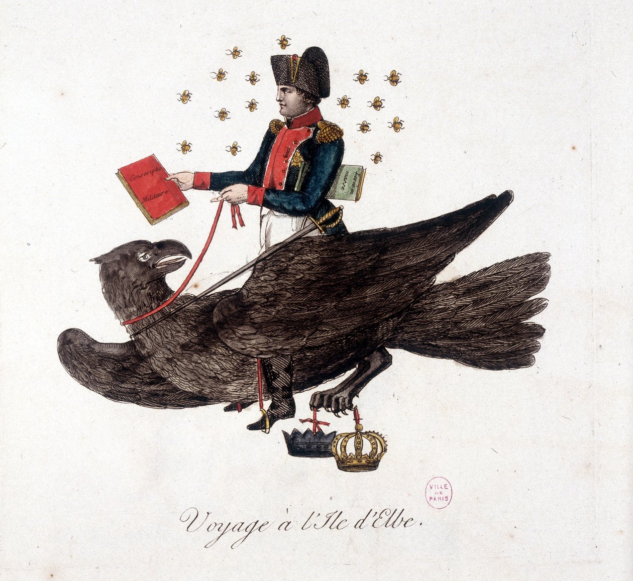 Viaje a la Isla de Elba: Napoleón montando un águila, sosteniendo los libros de conscripción militar y levantamiento masivo de soldados - en "Napoleón 1º, caricaturas, colección ficticia", c. 1814 de Unknown artist