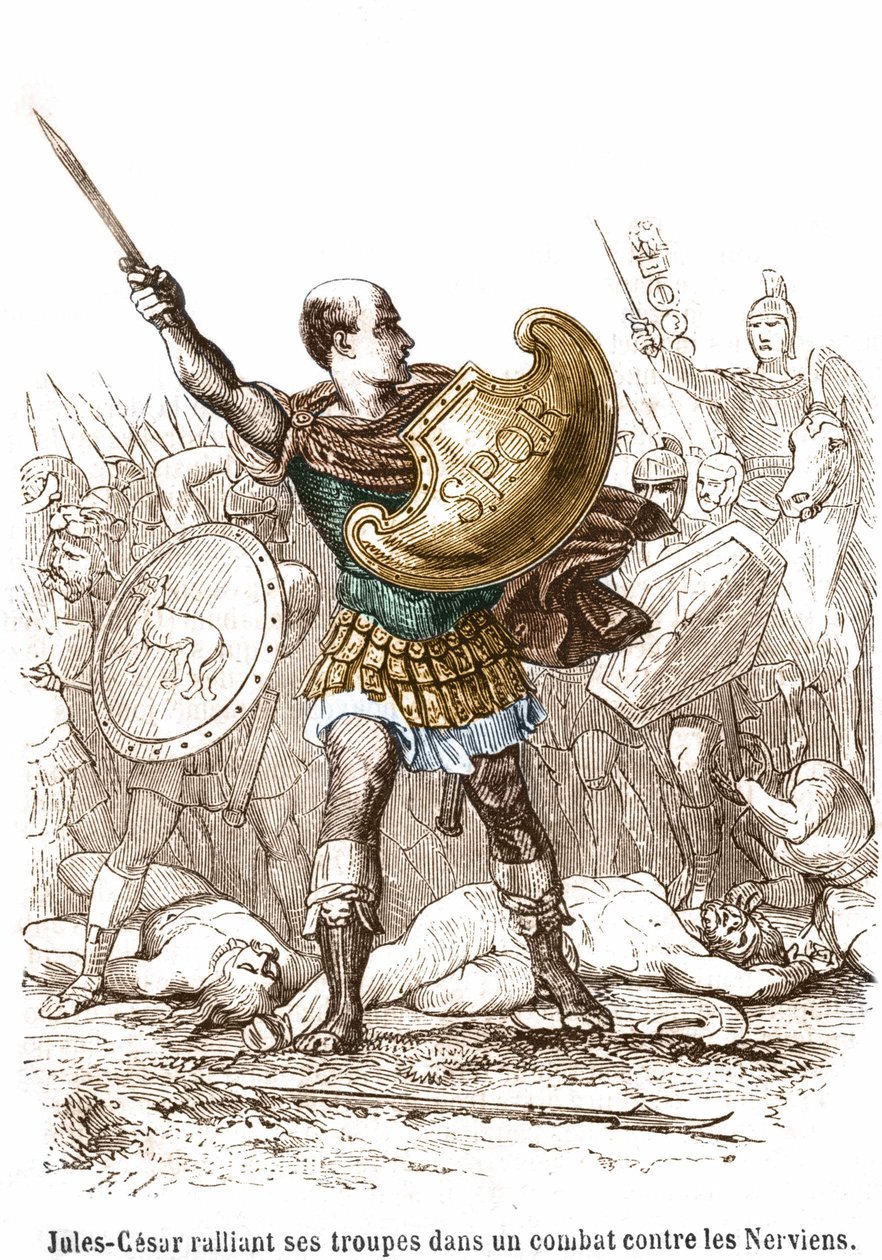 Julio César reuniendo a sus tropas en una lucha contra los nervios - grabado de Unknown artist