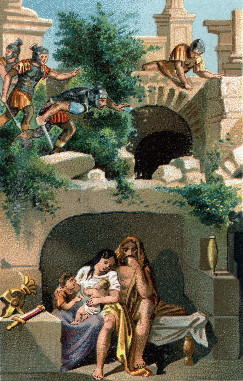 Julio Sabino (galos del pueblo de los lingones) y su esposa Eponina permanecen escondidos durante nueve años con sus hijos en un subterráneo y luego descubiertos, son llevados a Roma junto con sus dos hijos gemelos. Cromolitografía tardía del siglo XIX de Unknown artist