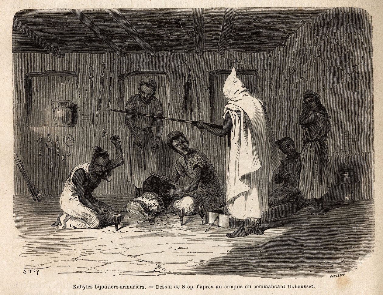 Artesanos kabyle reputados por su habilidad en la fabricación de joyas y armas (y anteriormente en moneda falsa) en la región de Djura (Argelia). Grabado para ilustrar la excursión a la gran Kabilia, entre el Mediterráneo y el Djurjura, en 1864, por el de Unknown artist