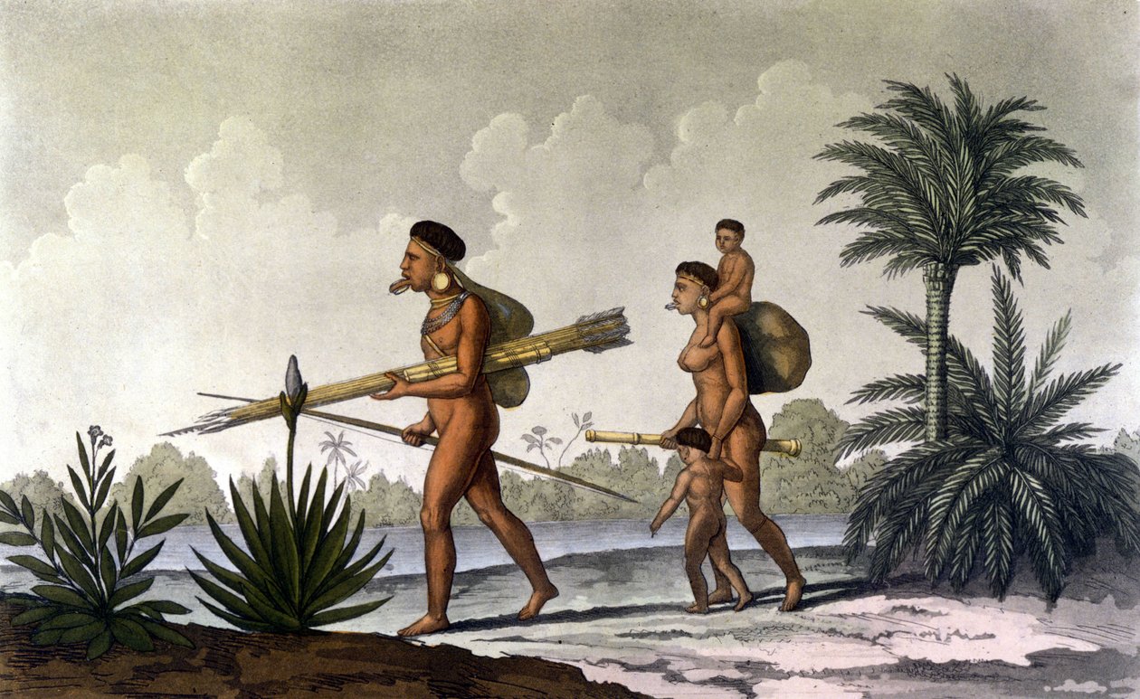 Kerengnatnuck, jefe de los Botocudos, y su familia (Brasil) - en "El traje antiguo y moderno" por Ferrario, ed. Milán de Unknown artist