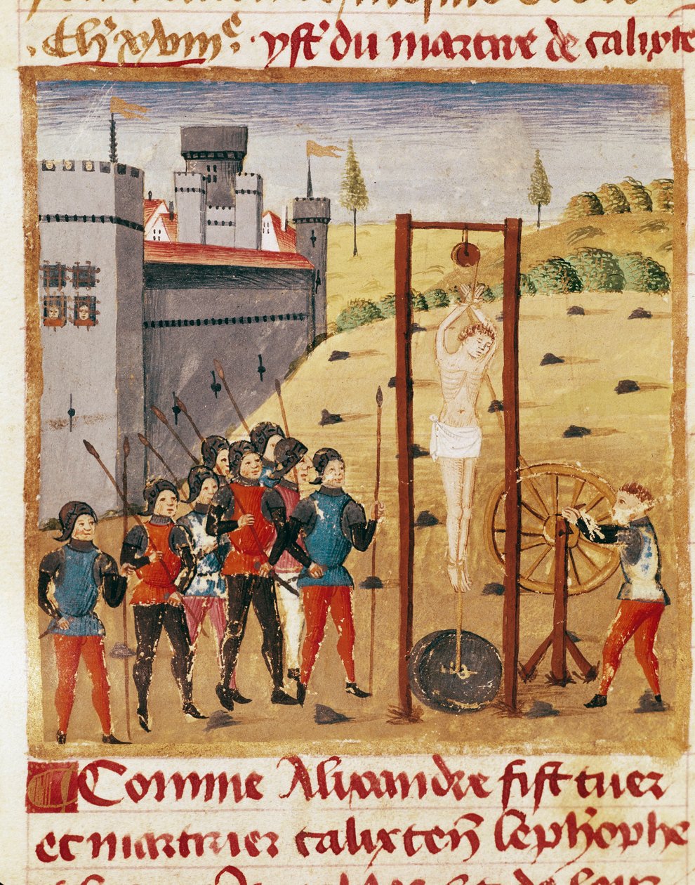 El rey Alejandro Magno (356-323 a.C.) asiste a la ejecución del noble Calixten Cephobe por ahorcamiento (detalle) de Unknown artist