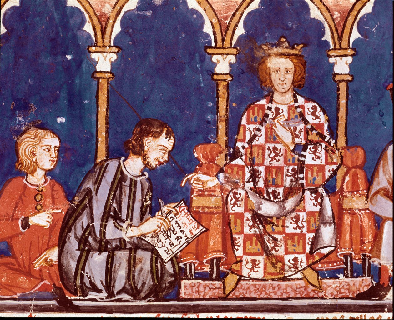 El rey Alfonso X el Sabio asiste a un escriba. (detalle) Miniatura del Libro de juegos de Alfonso X el Sabio (1221-1284) “El libro de ajedrez, dados y tablas”. 1282. San Lorenzo de El Escorial. Biblioteca Real de Unknown artist