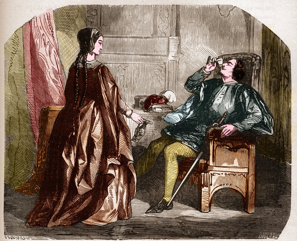 El rey Carlos VI de Francia, conocido como Carlos el Bueno Amado, luego Carlos el Loco (1368-1422) con su amante Odinette (Odette) de Champdivers. Grabado en “La historia de la prostitución y la depravación entre todos los pueblos del mundo desde la Antigü de Unknown artist