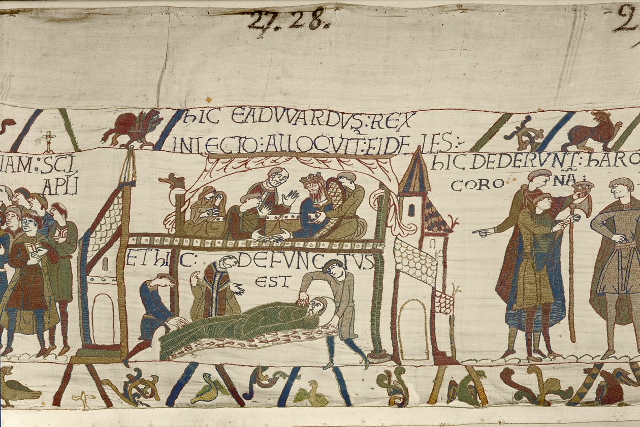 El rey Eduardo el Confesor en su lecho de muerte, Tapiz de Bayeux (bordado de lana sobre lino) de Unknown artist