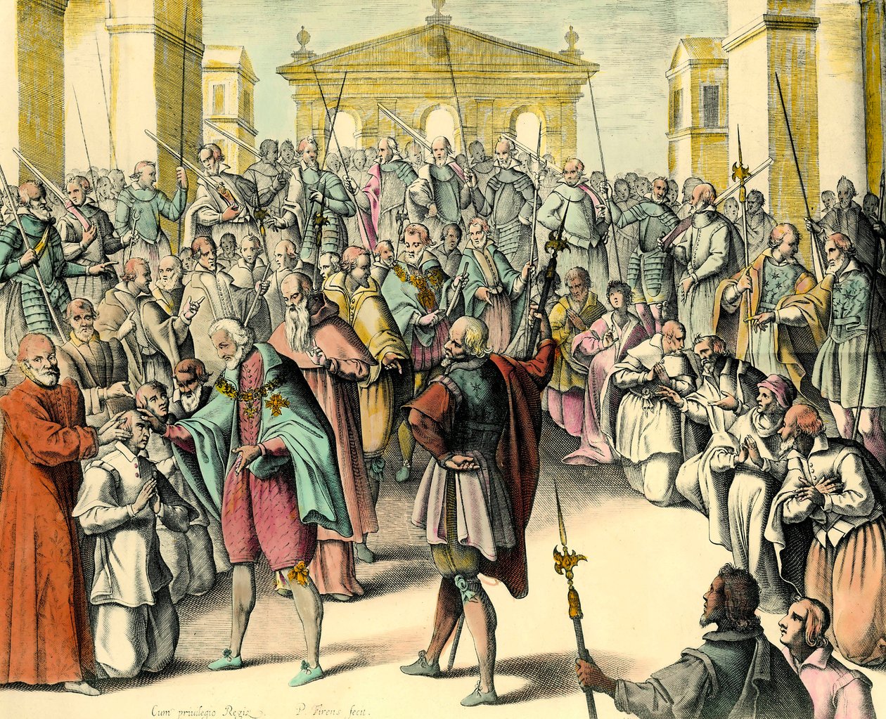 El rey Enrique IV toca la frente de una persona enferma (grabado de un boceto de André du Laurens) de Unknown artist