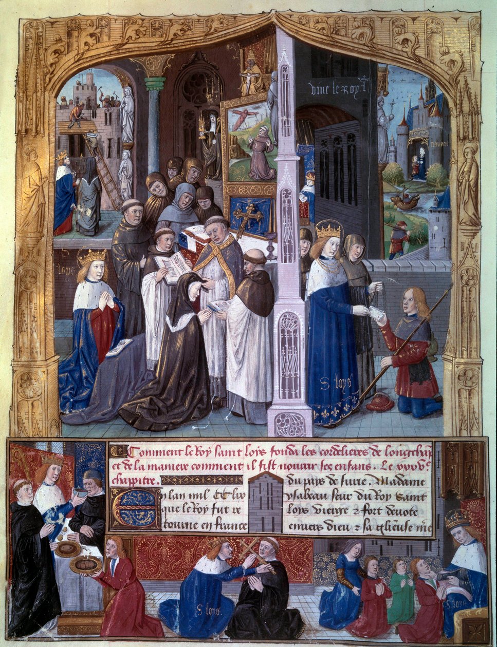 El rey Luis IX (San Luis) mandó construir la Abadía Cordeliere de Longchamp en el bosque de Rouvray en 1255, escenas de caridad cristiana por el rey. Miniatura tomada de un manuscrito 