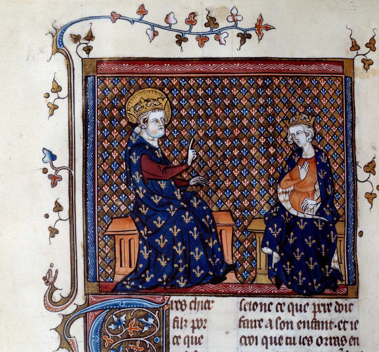 El rey Luis IX (1214-1270) enseña al maestro del rey a su hijo, futuro Felipe III Miniatura de un manuscrito del siglo XIV. Chantilly, Museo Condé de Unknown artist