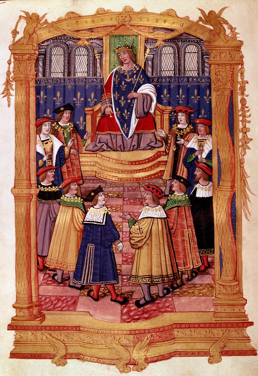 El rey Luis XI (1423-1483) y los Caballeros de la Orden de San Miguel. Miniatura del manuscrito 