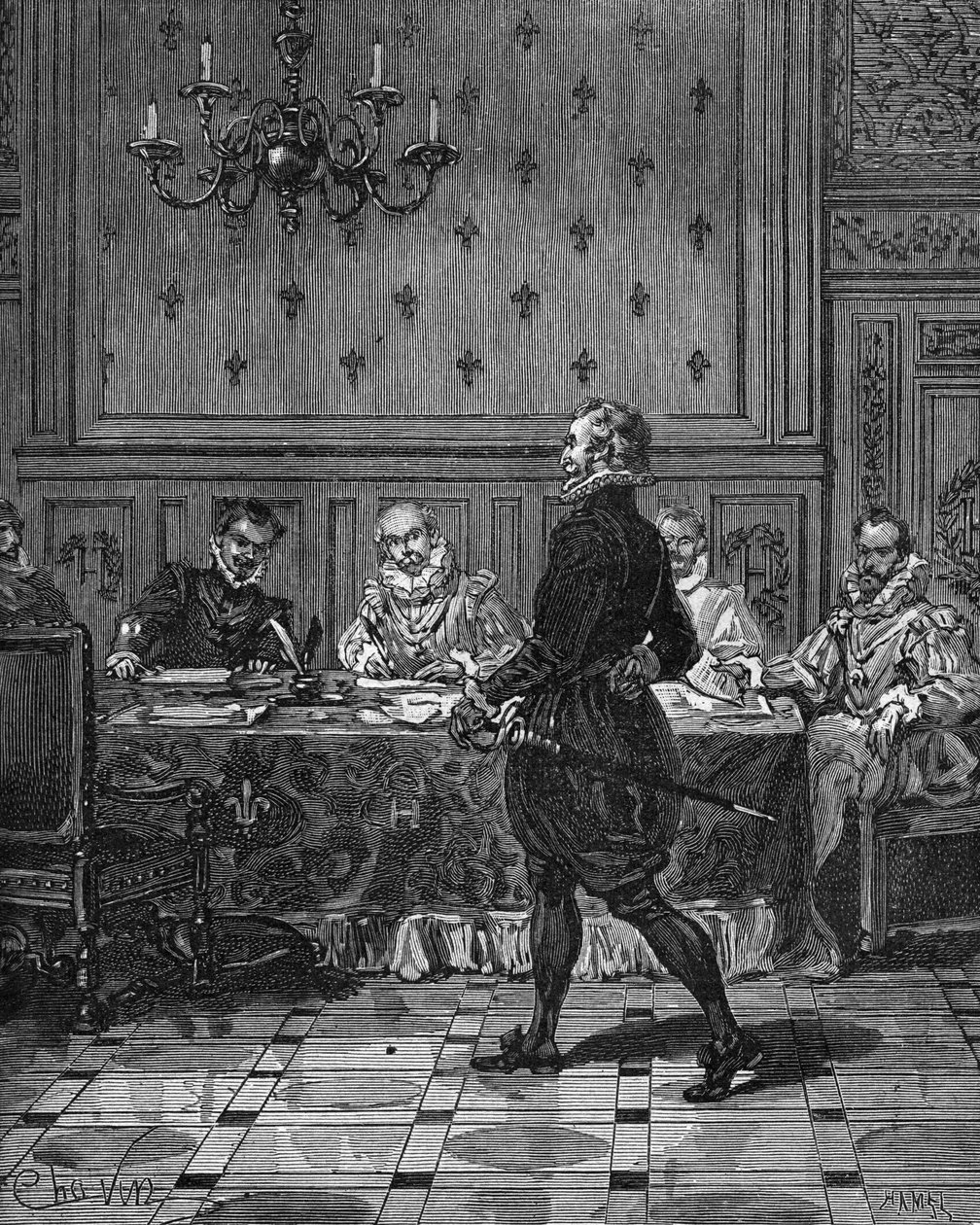 Rey de Francia Enrique IV (1553-1610) (de pie) en una reunión con sus embajadores. Grabado del siglo XIX. En “Historia de Francia” por Jules Michelet de Unknown artist