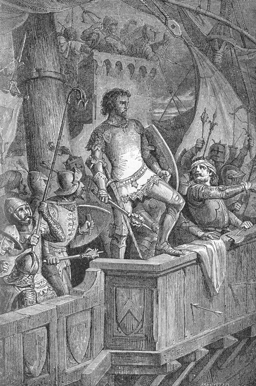 Knut el Grande (Canuto I) (994 o 995-1035) - Los hombres de Knut el Grande en el puente de Londres, bajo ataque de Olaf II de Noruega (Olaf II de Noruega) - Grabado en “Kaiser, Konig une Papst” por Richard Roth de Unknown artist