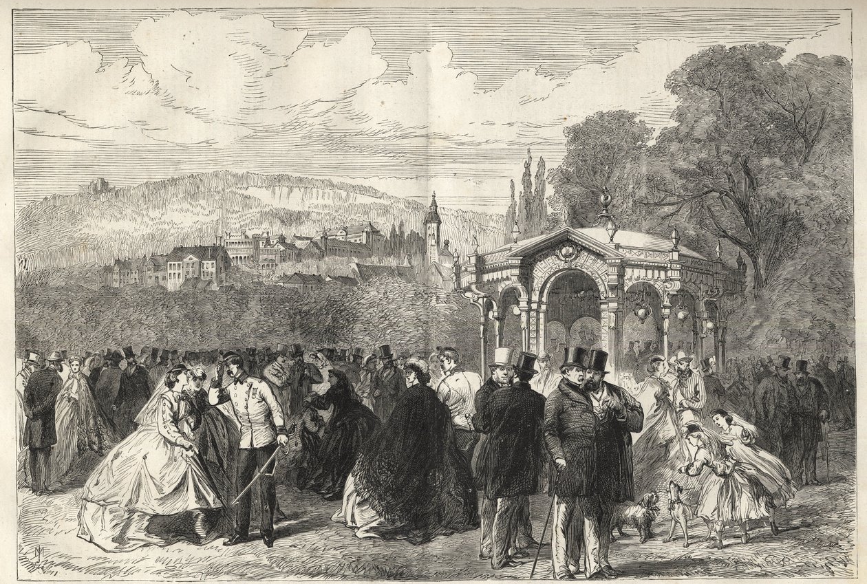 Konversationshaus - Baden Baden (Baden-Baden), Alemania - El paseo frente a la casa de conversación - Vista general de Baden-Baden desde los jardines de la Casa de Conversación - 1867 de Unknown artist
