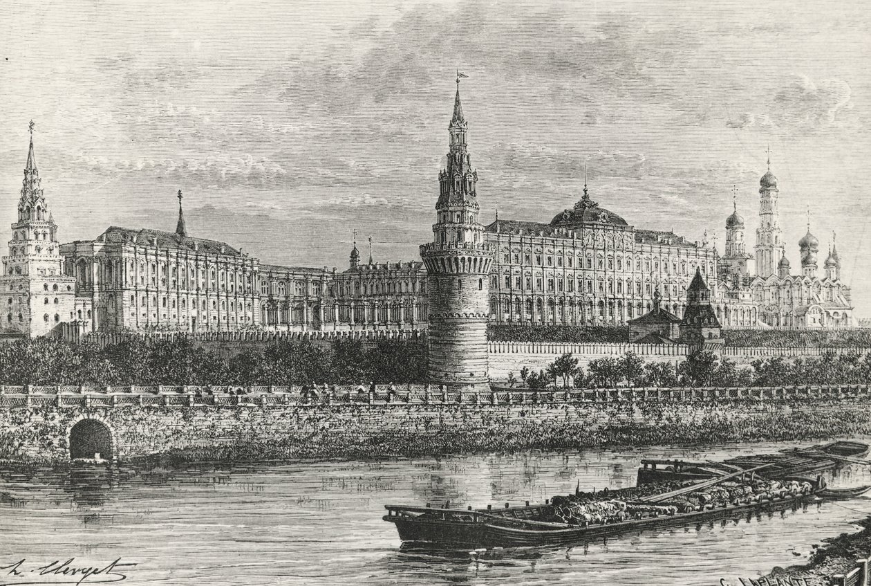 Kremlin en Moscú, Rusia, grabado de Free Russia de Unknown artist