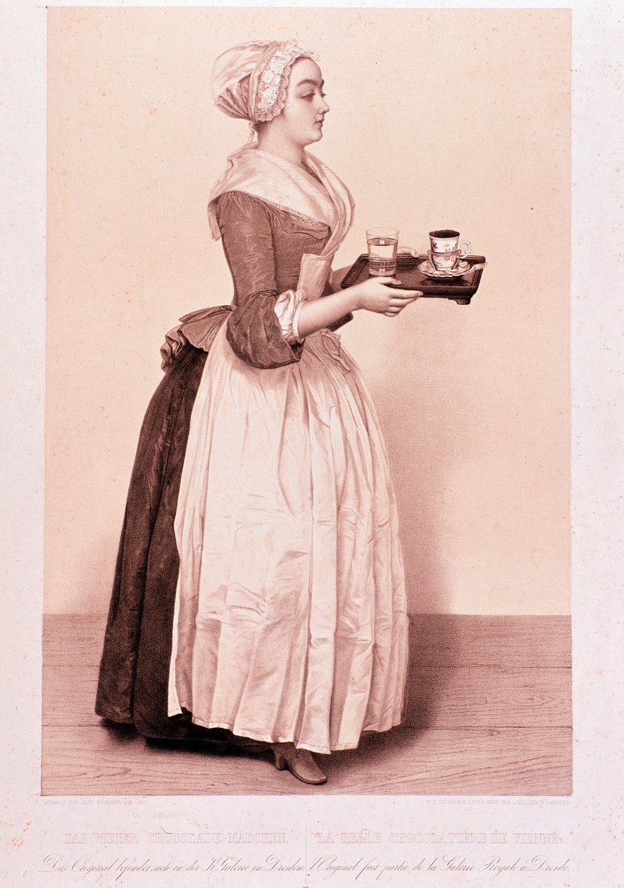 La Chocolatière de Vienne: joven sirvienta con una bandeja con una taza de chocolate caliente de Unknown artist