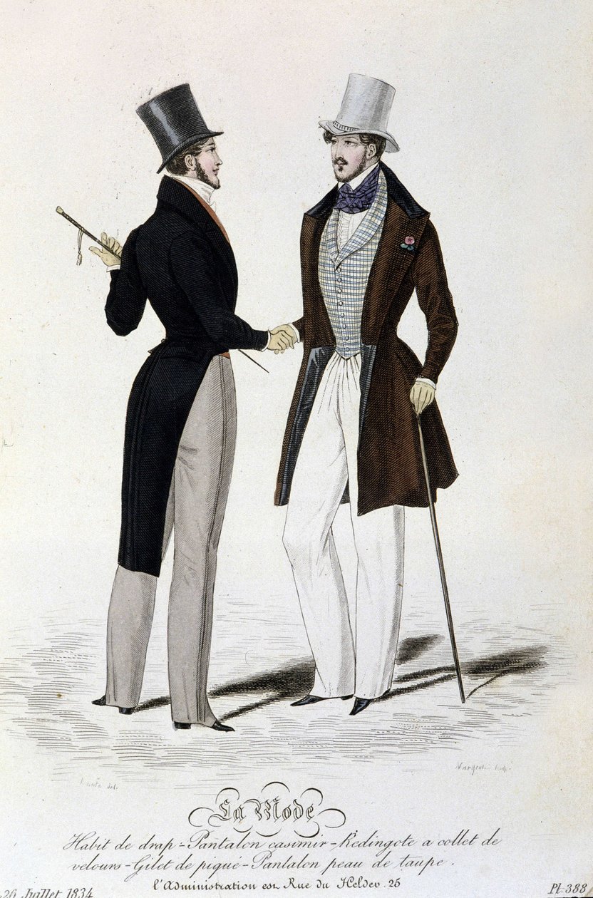 La Moda del 26 de julio de 1834: (moda masculina) traje de hoja - pantalones de casimir - redingote con cuello de terciopelo - chaleco de piqué - pantalones de piel de topo y sombrero de copa de Unknown artist