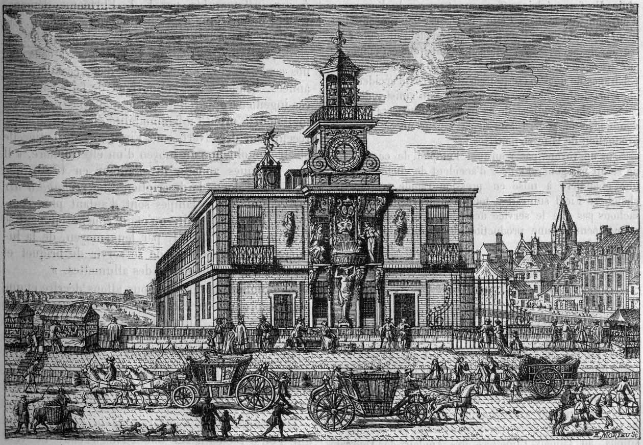 La Samaritaine, bomba de agua ubicada en el puente Neuf grabado del siglo XVII. Grabado en "La Nature. Revue des sciences et de ses aplicaciones aux arts et a l