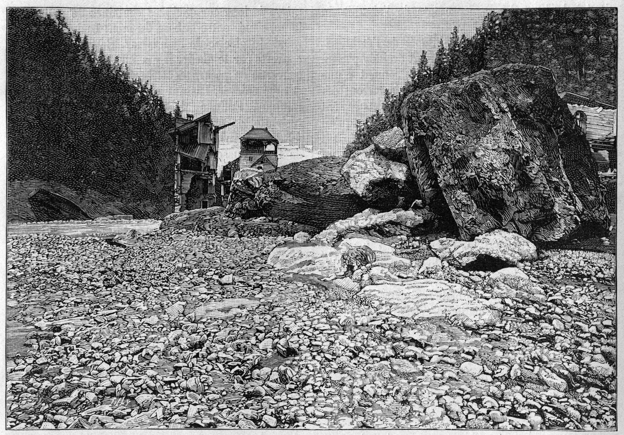 La catástrofe de Saint-Gervais (Saint Gervais) o catástrofe del glaciar de la Tête Rousse (departamento de Haute-Savoie) (12-13 de julio de 1892) - Baños de Saint-Gervais después del desastre con los enormes bloques transportados por el torrente, Grabado e de Unknown artist