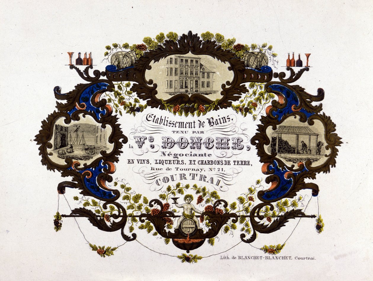 Etiqueta para una bodega, licores y carbones de tierra. Litografía de Unknown artist
