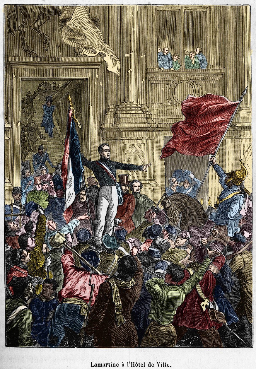 Lamartine (1790 - 1869), rechazando la bandera roja por la bandera tricolor, en el Ayuntamiento. París, 26 de febrero de 1848. Colección Bianchetti. de Unknown artist