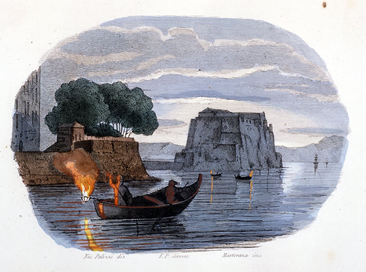 Pesca con lámpara, una lámpara utilizada para atraer peces, en la Bahía de Nápoles. de Unknown artist