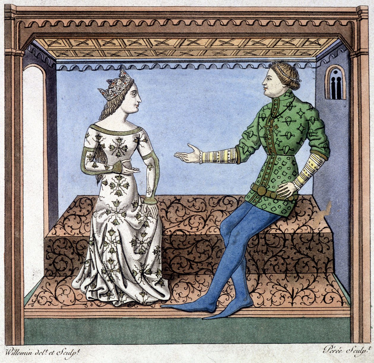 Lancelot y Ginebra en conversación - extracto de Lancelot du lac, basado en documento de 1370 de Unknown artist