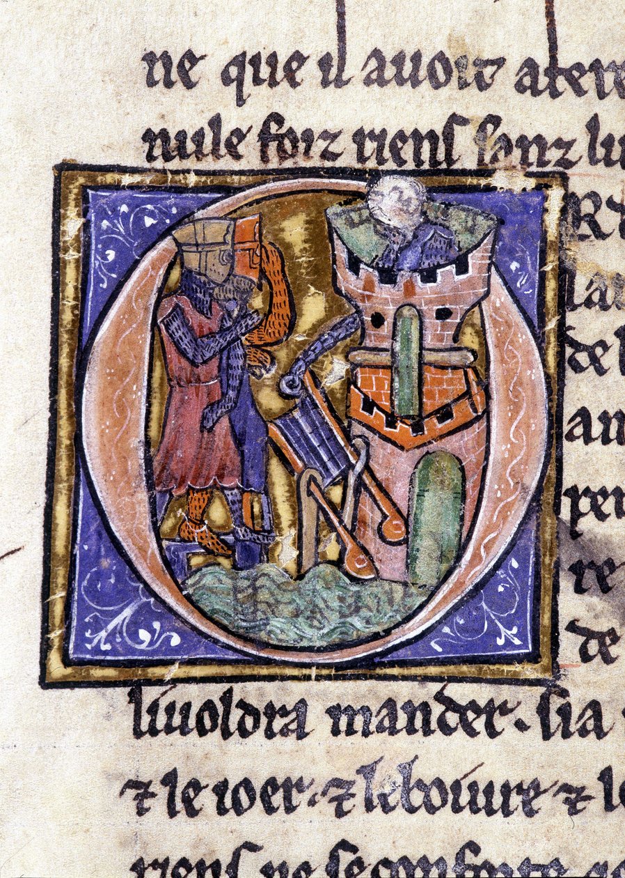 Lancelot en la cima de una torre. Manuscrito: Conquista del Santo Grial, escrito 717 años después de la pasión de nuestro señor. Biblioteca municipal de Rennes, ms. 255 (Colección de novelas de la Mesa Redonda); París de Unknown artist