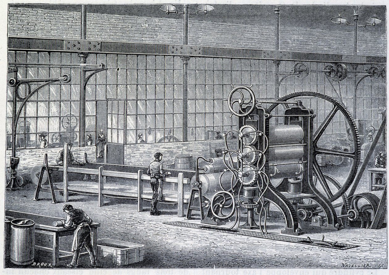 Gran laminador para reducir bloques de caucho purificado en láminas - en “Las maravillas de la industria” de Louis Figuier de Unknown artist