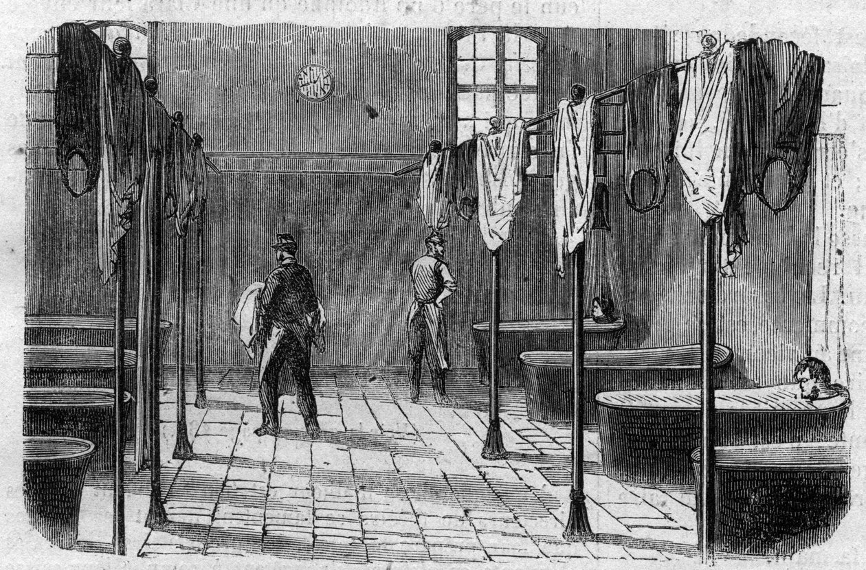 El asilo Sainte Anne (Sainte-Anne) en París: la sala de baño - Grabado en “Le Journal Illustré” de Unknown artist
