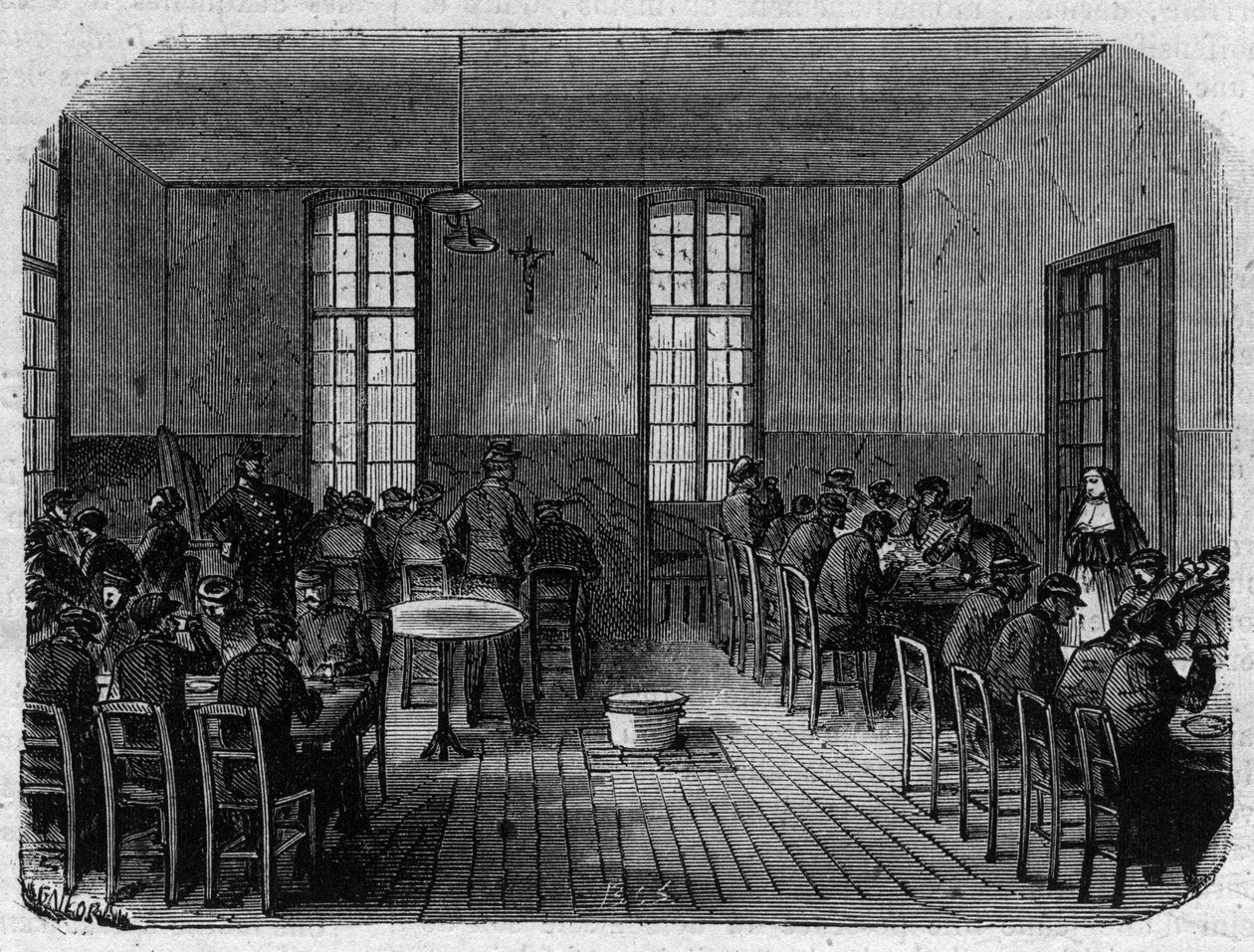 El asilo Sainte Anne (Sainte-Anne) en París: el refectorio - Grabado en "Le Journal Illustré" de Unknown artist