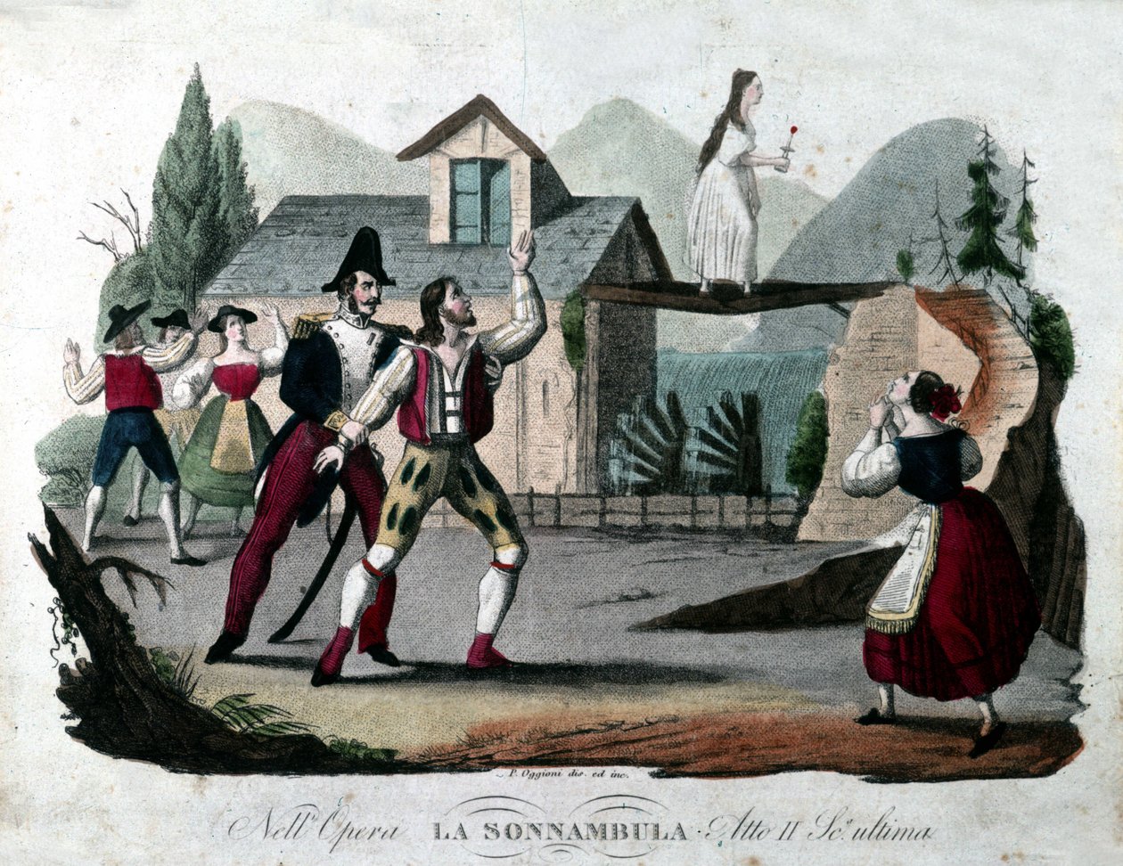 Última escena del Acto II de “La sonnambula” de Vincenzo Bellini. Grabado de 1835 de Unknown artist