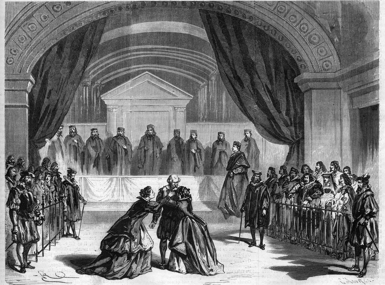 Última escena de la obra de teatro "Galileo", un drama en tres actos de François Ponsard, poeta y dramaturgo francés (1814-1867) en el teatro de la comedia francesa en París. Grabado en "El Universo Ilustre" de Unknown artist